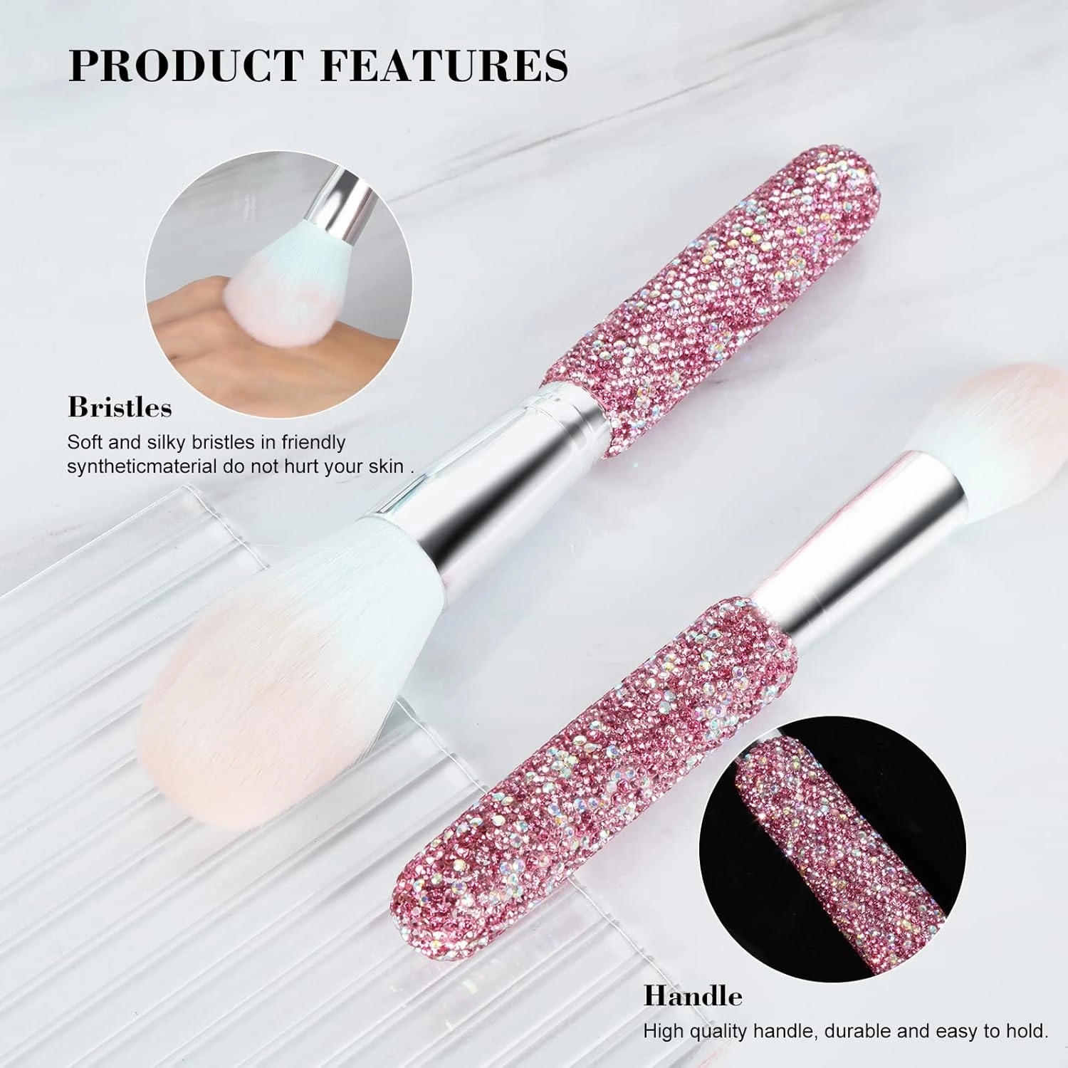 Makeup Brushes Bling Crystal Professional Face Cosmetics Blending Liquid Foundation Powder Concealer Eye Shadows Make Up Beauty Tool Glitter(12PCS) (Purely Handmade)(Pink)