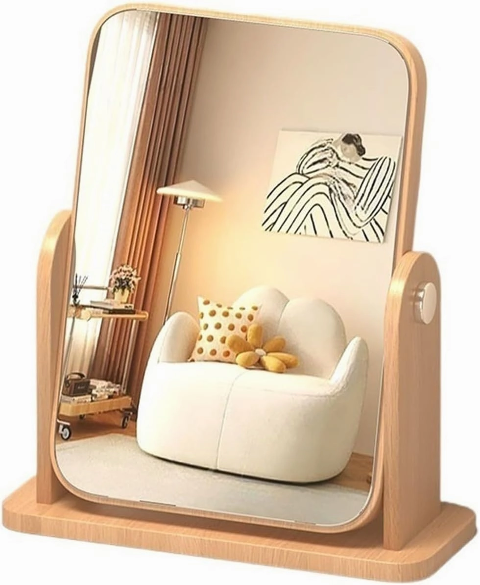 Makeup Mirror Desktop Vertical Makeup Mirror Wooden Rotatable Mirror Home Bedroom Dressing Table Mirror Bathroom Beauty Mirror Beauty Mirror