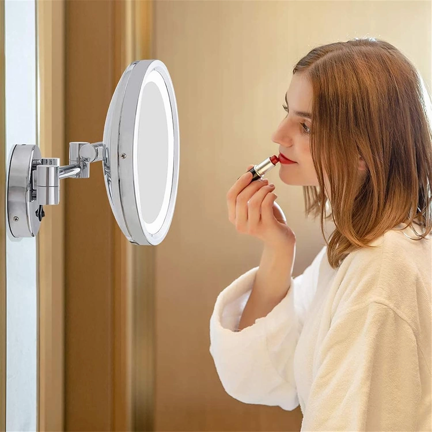 Makeup Mirror with Lights and 10X Magnification, LED Wall Mounted Bathroom Vanity Mirror, Swivel Extendable Shaving Mirror,Brass,USB(Silver,USB)
