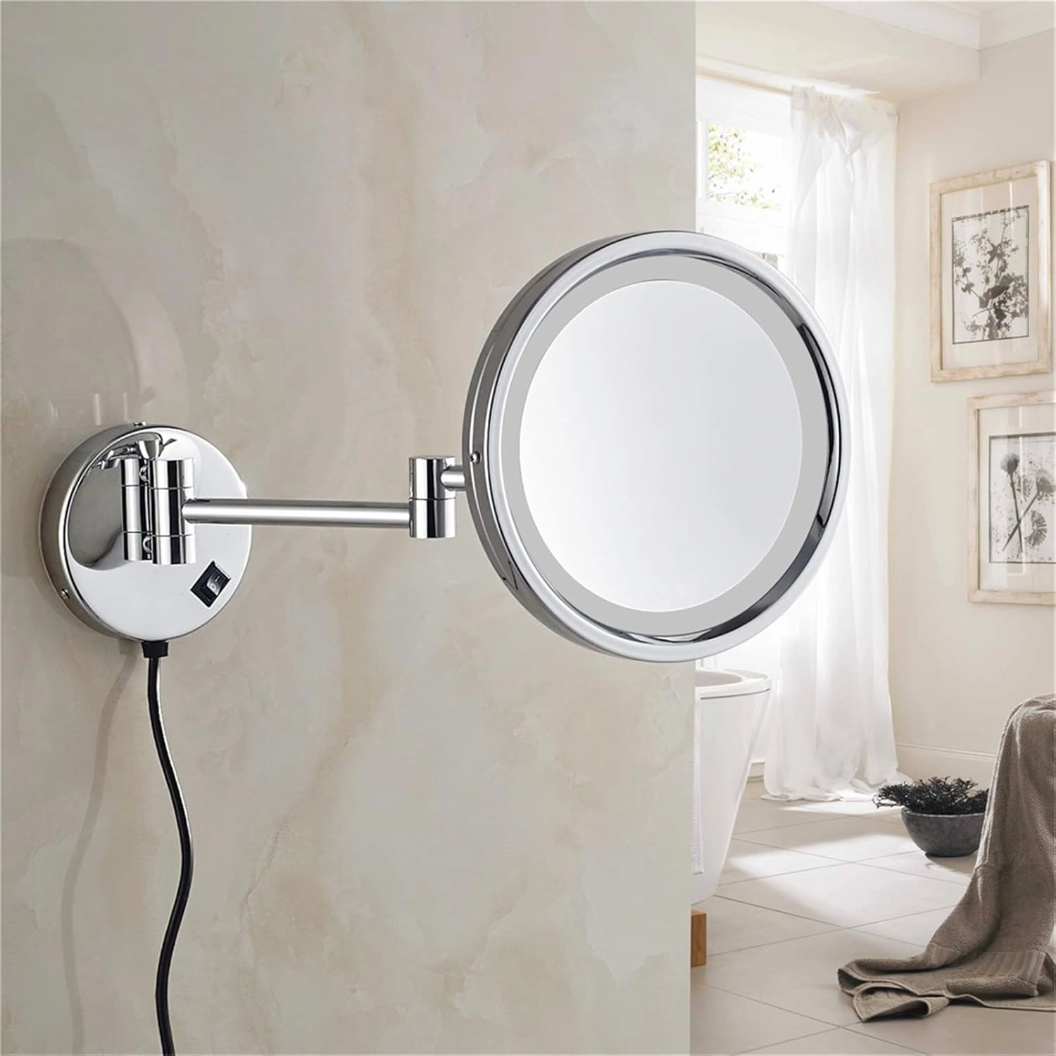 Makeup Mirror with Lights and 10X Magnification, LED Wall Mounted Bathroom Vanity Mirror, Swivel Extendable Shaving Mirror,Brass,USB(Silver,USB)