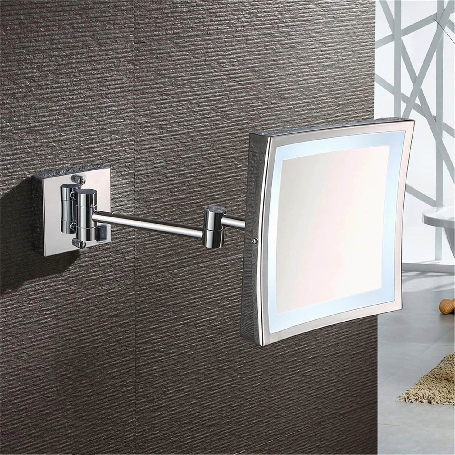 Makeup Mirror with Lights and 3X Magnification, Chrome Square LED Wall Mounted Bathroom Vanity Mirror, Swivel Extendable Shaving Mirror,Plug in (Color : Plug in)