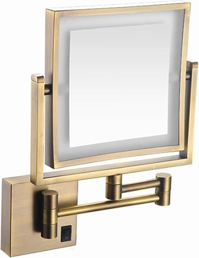 Makeup Mirror with Lights, Square LED Wall Mounted Double Sided 1X/3X Magnifying Mirror 360 Rotation Extension Bathroom Mirror,Brass,USB (Color : Brass, Size : USB)