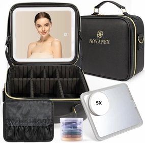 Makeup Organiser Case: Professional Cosmetic Artist Organiser with Large LED Mirror and Adjustable Brightness. Partitionable and Portable Train Case with extra Accessories (Black)