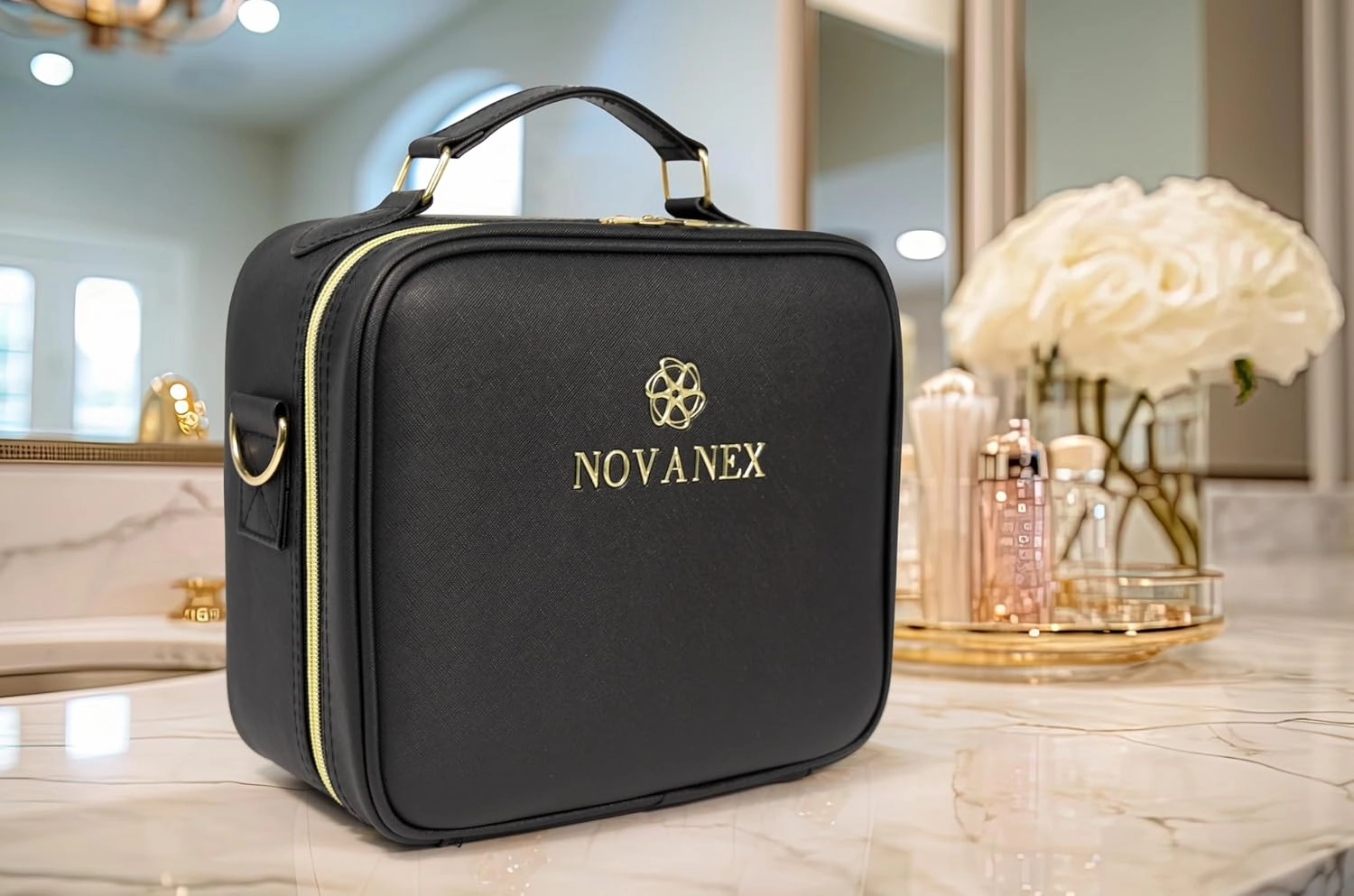 Makeup Organiser Case: Professional Cosmetic Artist Organiser with Large LED Mirror and Adjustable Brightness. Partitionable and Portable Train Case with extra Accessories (Black)