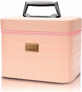 Makeup organizer box, Pink makeup box with mirror, Portable makeup box organizer,Professional train case make up box for women adults.