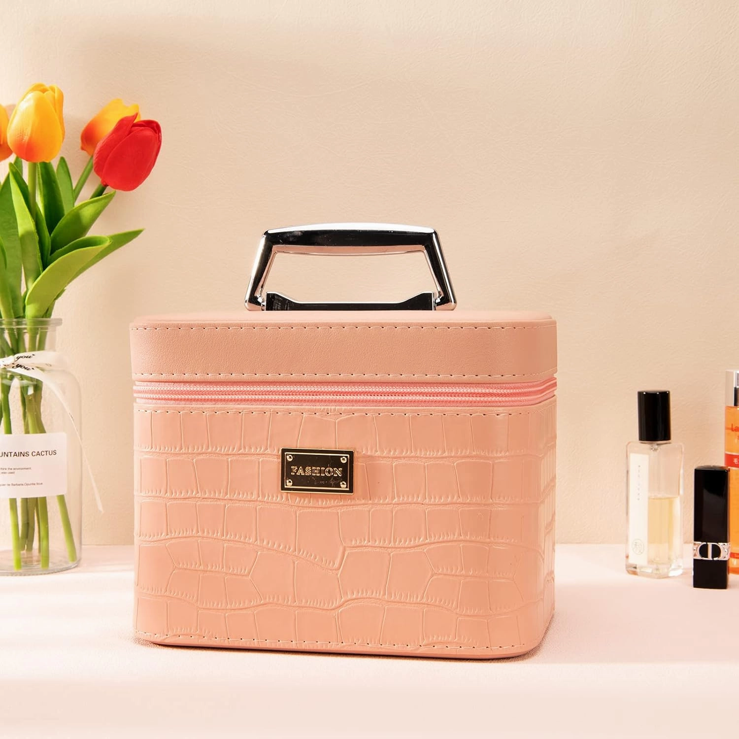 Makeup organizer box, Pink makeup box with mirror, Portable makeup box organizer,Professional train case make up box for women adults.