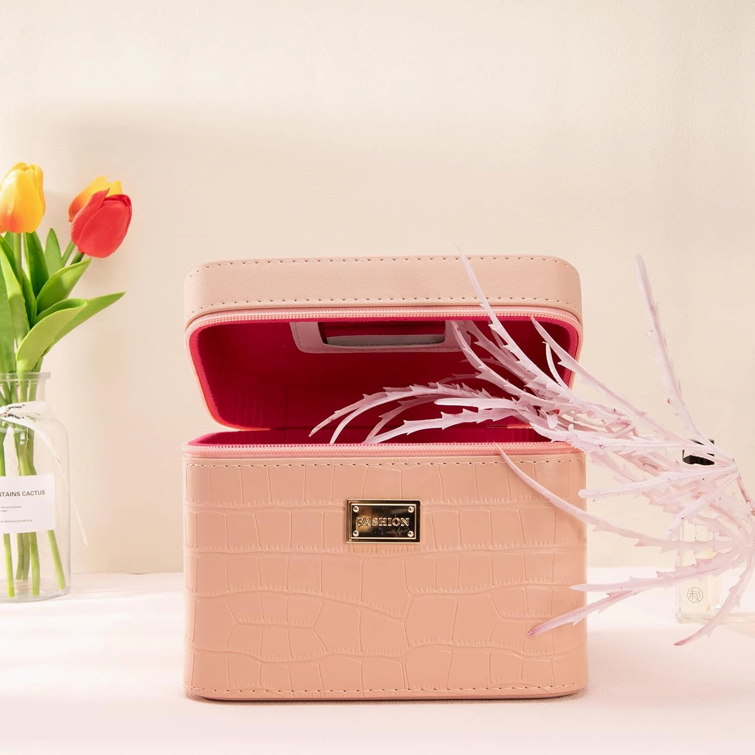 Makeup organizer box, Pink makeup box with mirror, Portable makeup box organizer,Professional train case make up box for women adults.