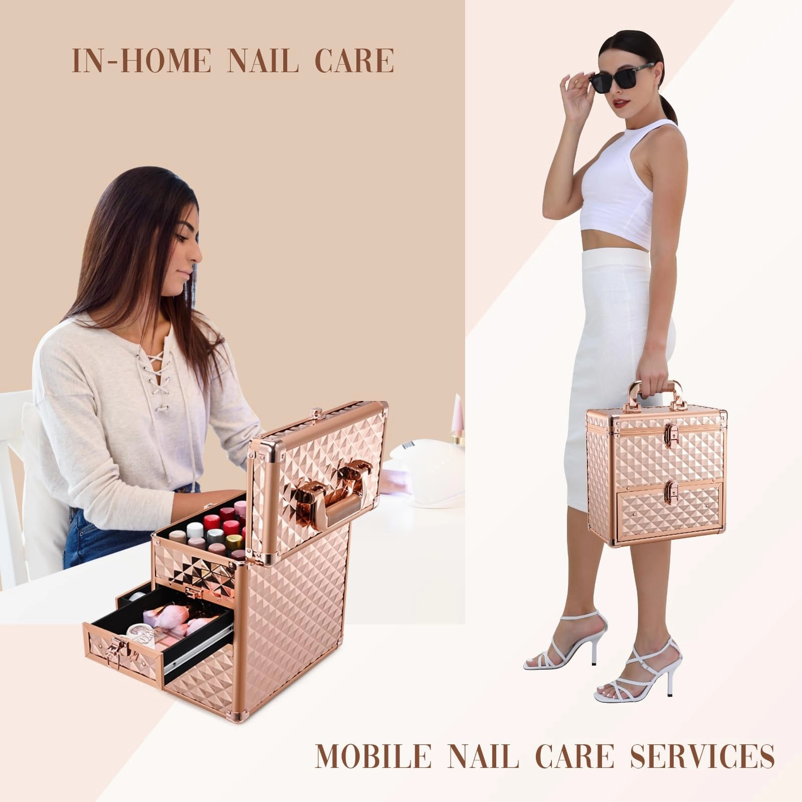 Makeup Train Case Professional Makeup Organizer Case with Drawer Mirror Extra Large Makeup Manicure Accessory with Dividers Travel Cosmetic Case for Cosmetologist Nail Tech Kits Makeup Case Rose Gold
