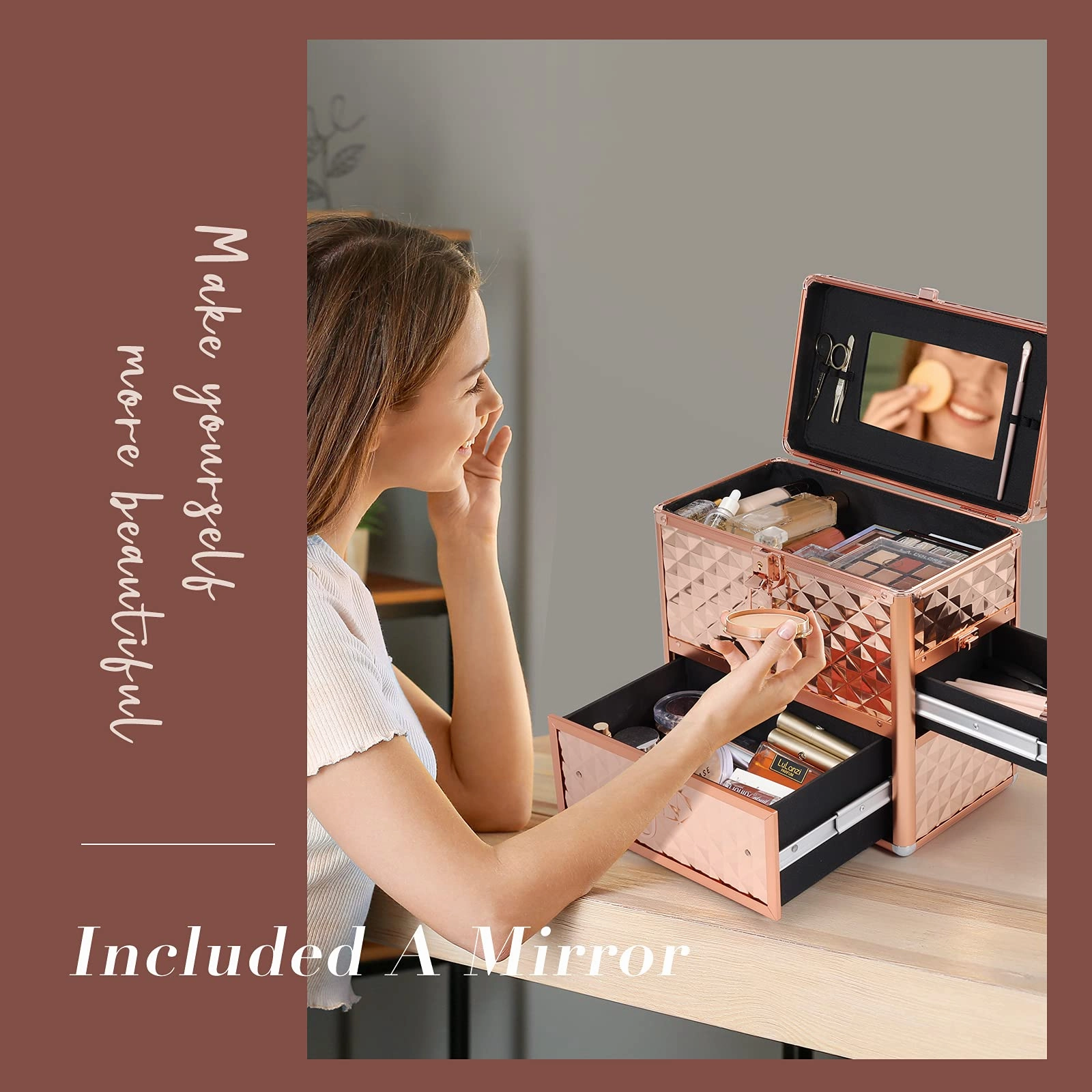 Makeup Train Case Professional Makeup Organizer Case with Drawer Mirror Extra Large Makeup Manicure Accessory with Dividers Travel Cosmetic Case for Cosmetologist Nail Tech Kits Makeup Case Rose Gold