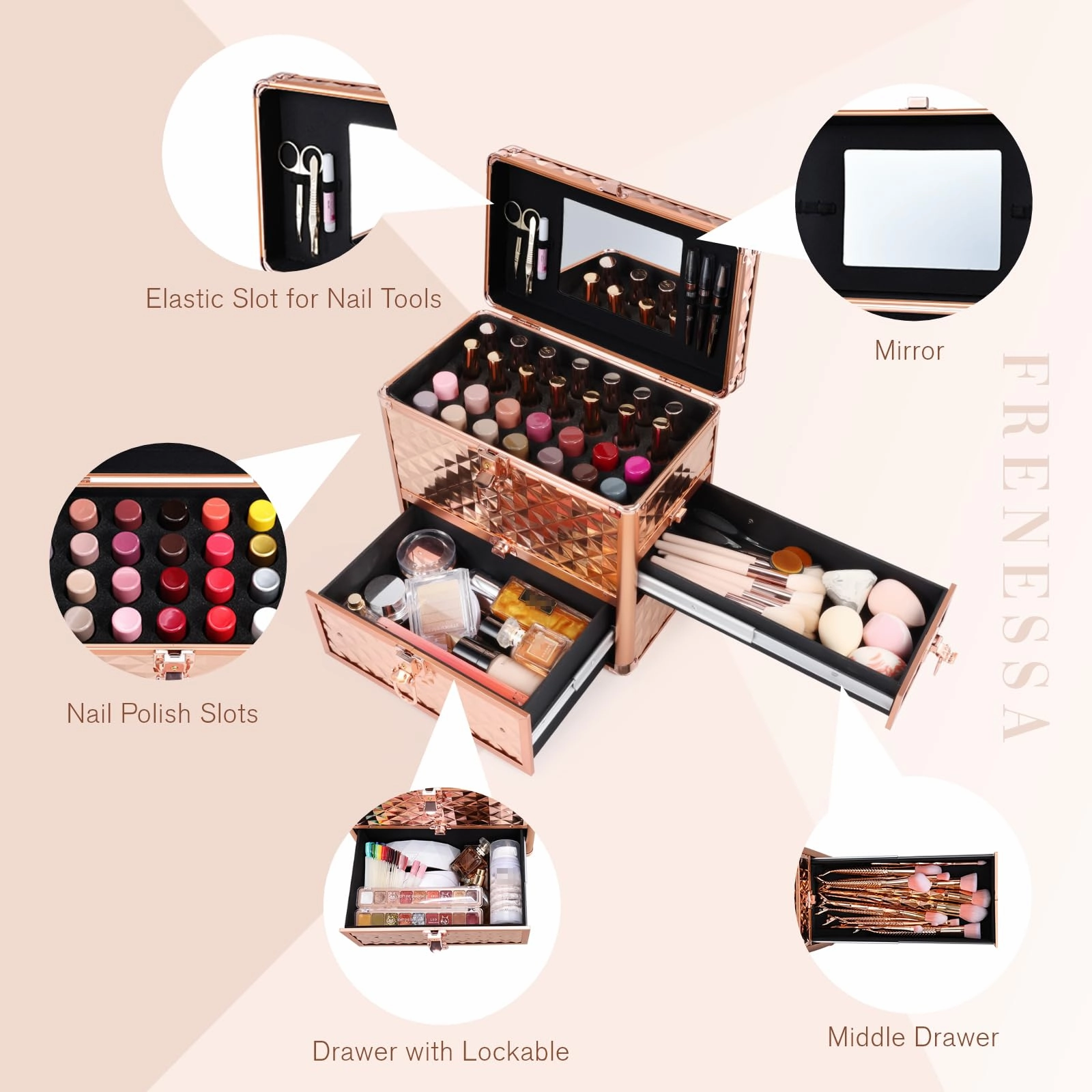 Makeup Train Case Professional Makeup Organizer Case with Drawer Mirror Extra Large Makeup Manicure Accessory with Dividers Travel Cosmetic Case for Cosmetologist Nail Tech Kits Makeup Case Rose Gold