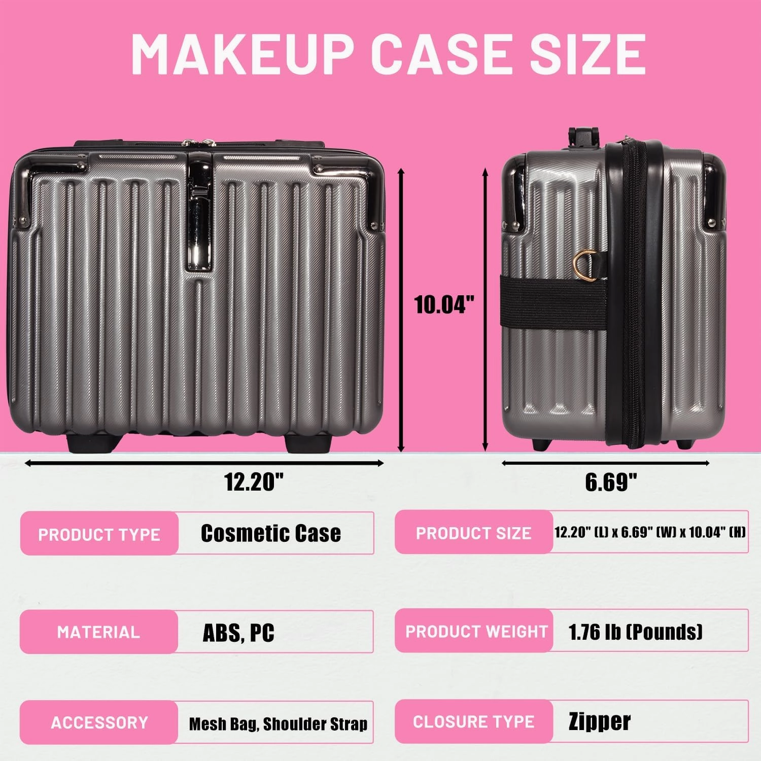 Makeup Travel Case, Hard Shell Cosmetic Case Organizer, Portable Cosmetic Bag, Mini Makeup Luggage with Shoulder Strap, ABS Surface, Zipper, Large Capacity, Grey