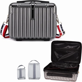Makeup Travel Case, Hard Shell Cosmetic Case Organizer, Portable Cosmetic Bag, Mini Makeup Luggage with Shoulder Strap, ABS Surface, Zipper, Large Capacity, Grey
