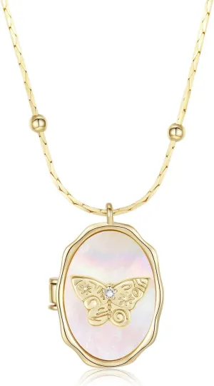 MANBU Gold Locket Necklace for Women Butterfly Cupid Oval-Shaped Locket Pendant Holds Pictures Photos Locket Jewelry Gifts for Loved One
