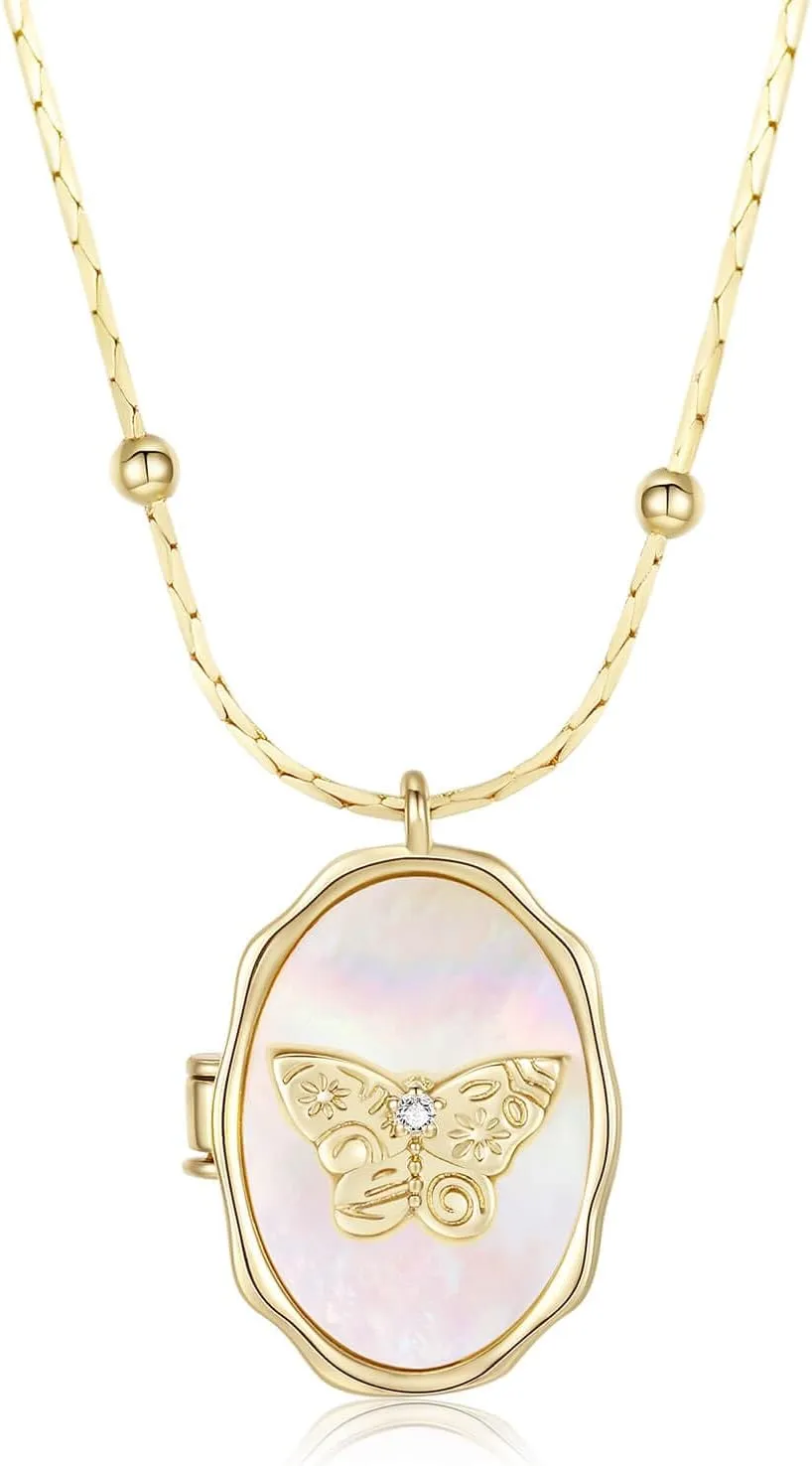 MANBU Gold Locket Necklace for Women Butterfly Cupid Oval-Shaped Locket Pendant Holds Pictures Photos Locket Jewelry Gifts for Loved One