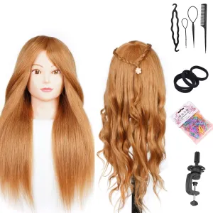 Mannequin Head with 60% Real Hair, Hairdresser Practice Training Head Cosmetology Manikin Doll Head with 9 Tools and Desktop Stand, Air Cushion Comb,Makeup On (Golden)