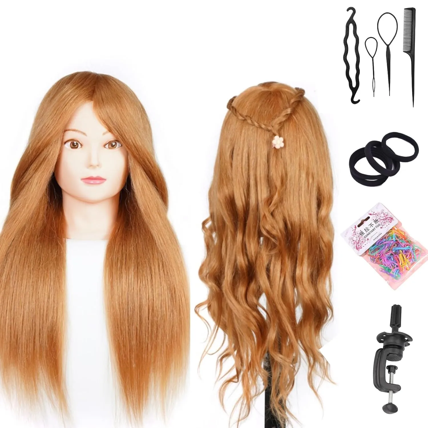 Mannequin Head with 60% Real Hair, Hairdresser Practice Training Head Cosmetology Manikin Doll Head with 9 Tools and Desktop Stand, Air Cushion Comb,Makeup On (Golden)