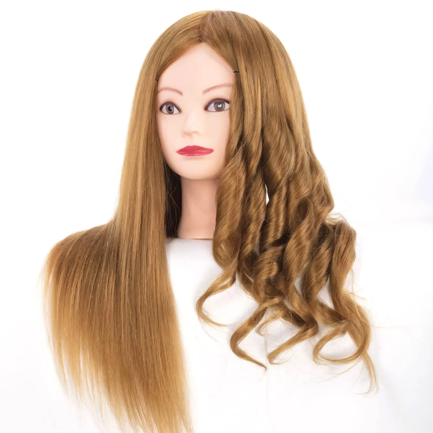 Mannequin Head with 60% Real Hair, Hairdresser Practice Training Head Cosmetology Manikin Doll Head with 9 Tools and Desktop Stand, Air Cushion Comb,Makeup On (Golden)