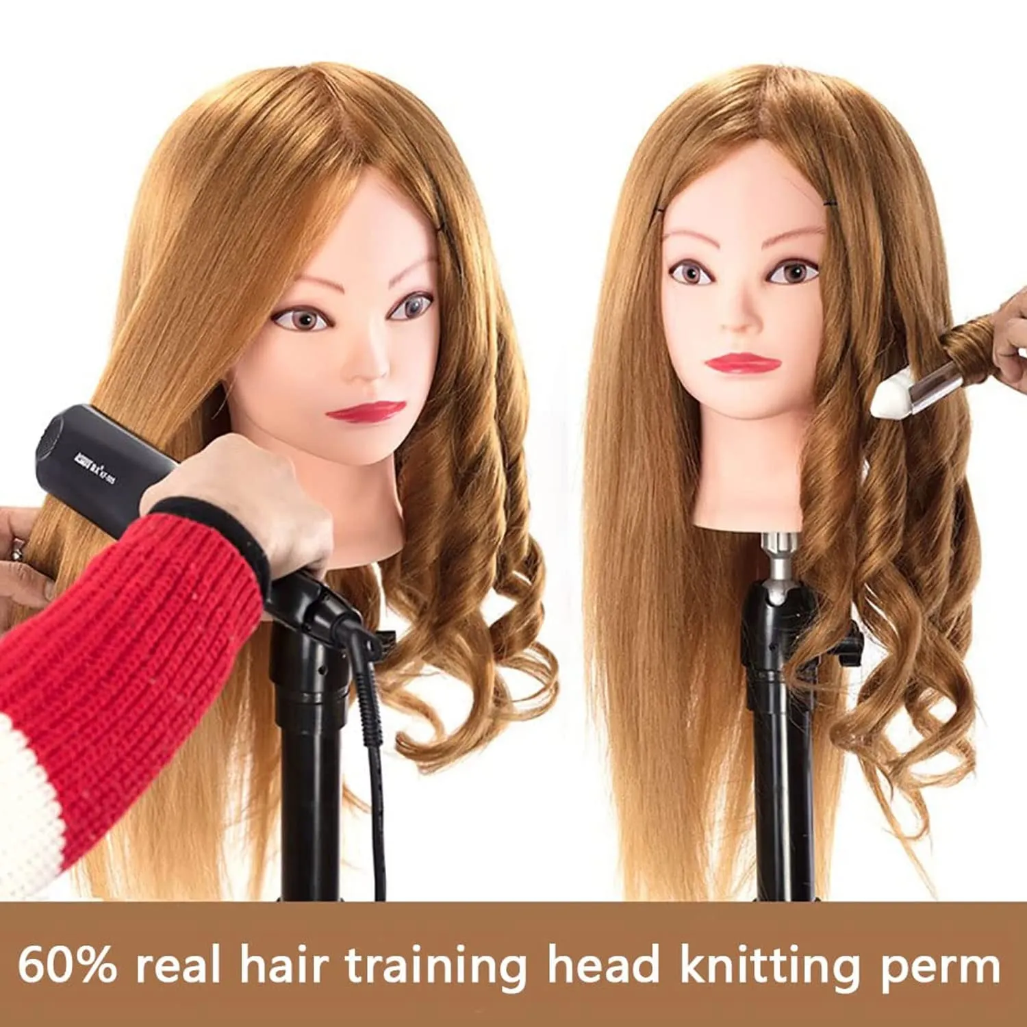 Mannequin Head with 60% Real Hair, Hairdresser Practice Training Head Cosmetology Manikin Doll Head with 9 Tools and Desktop Stand, Air Cushion Comb,Makeup On (Golden)