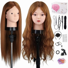 Mannequin Head with 80% Human Hair, TopDirect 24" Brown Real Hair Cosmetology Mannequin Head Hair Styling Hairdressing Practice Training Doll Heads with Clamp Holder and Tools