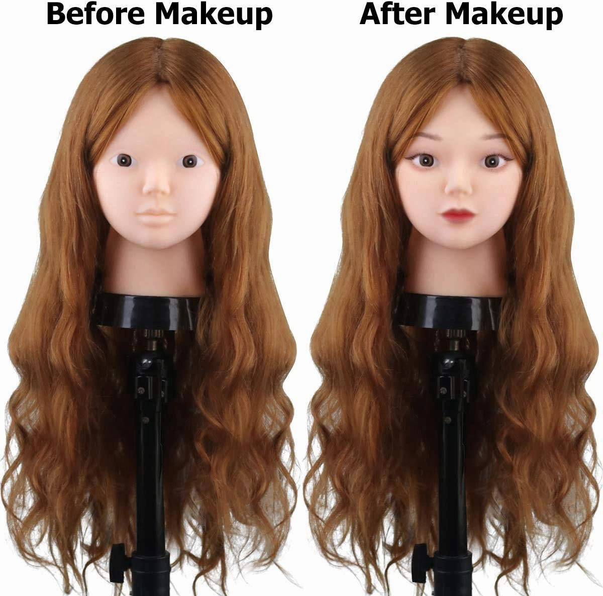 Mannequin Head with 80% Human Hair, TopDirect 24" Brown Real Hair Cosmetology Mannequin Head Hair Styling Hairdressing Practice Training Doll Heads with Clamp Holder and Tools