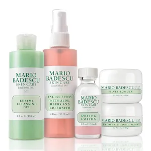 Mario Badescu Essentials 5 Piece Kit, Skincare Gift Set With Drying Lotion, Rose Water Facial Spray, Silver Powder, Enzyme Cleansing Gel and Flower & Tonic Mask