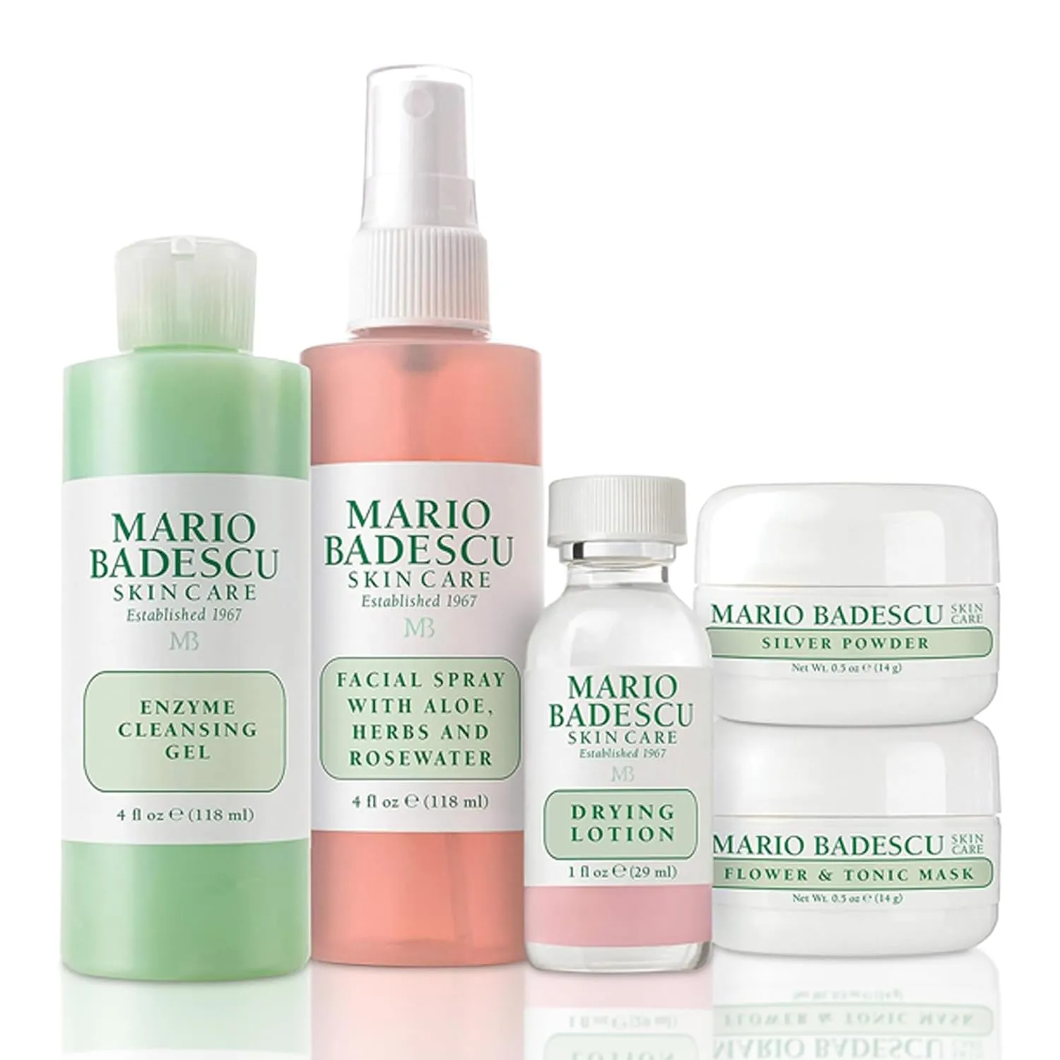 Mario Badescu Essentials 5 Piece Kit, Skincare Gift Set With Drying Lotion, Rose Water Facial Spray, Silver Powder, Enzyme Cleansing Gel and Flower & Tonic Mask