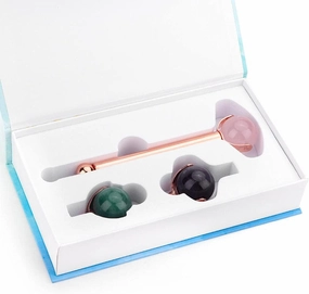 Massagem Facial Jade Pedra rolo Natural Jade rolo massageador elevador beleza emagrecimento ferramentas de relaxamento da Pele com cabeça substituição-Golden Gold