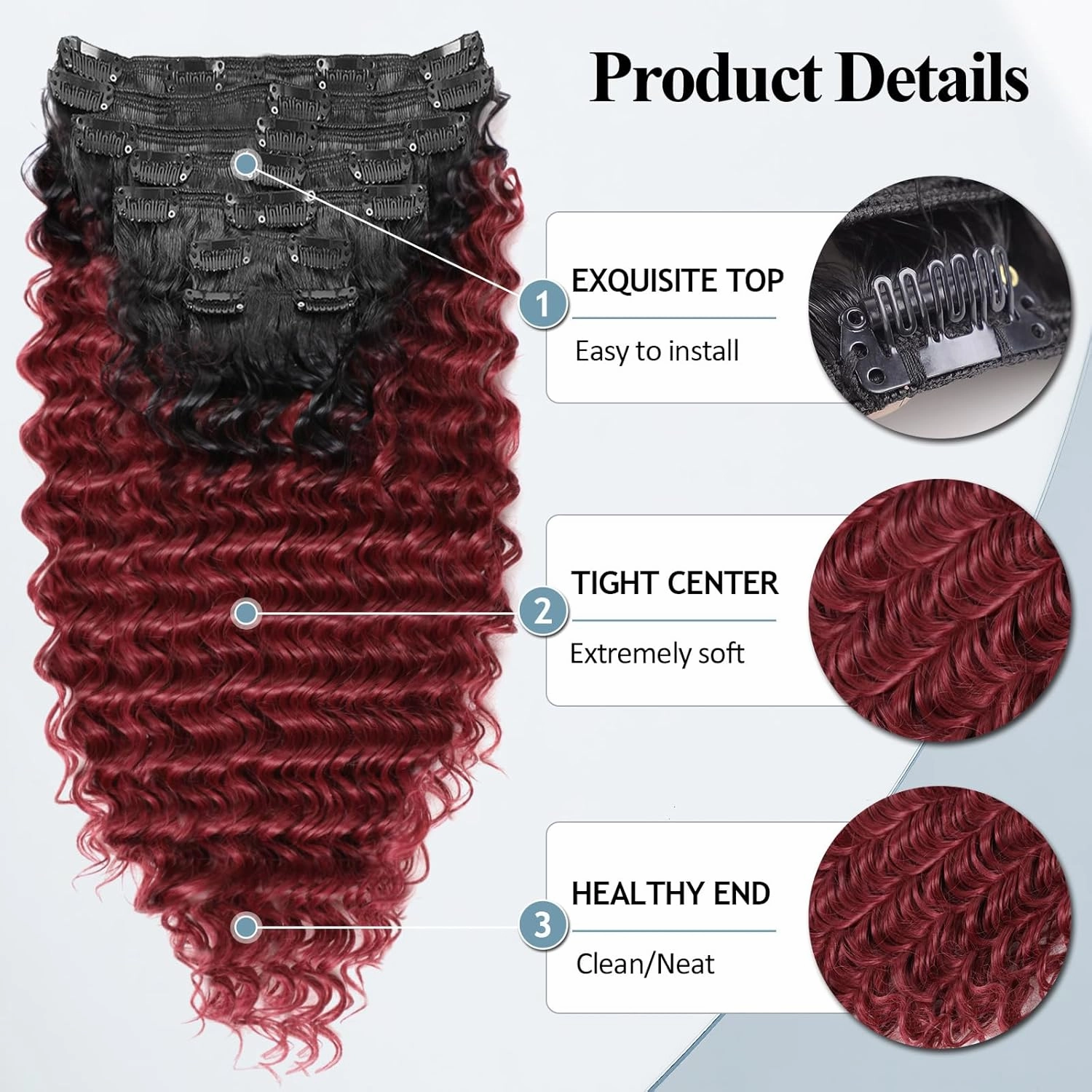 MEEPO Wine red Curly Clip In Hair Extension For Black Women Natural Thick Deep Wave Hair Extension Clips Synthetic Long 24 inch hair extensions clip in Hairpiece(Deep Wave,T1B/33(Pack of 7)