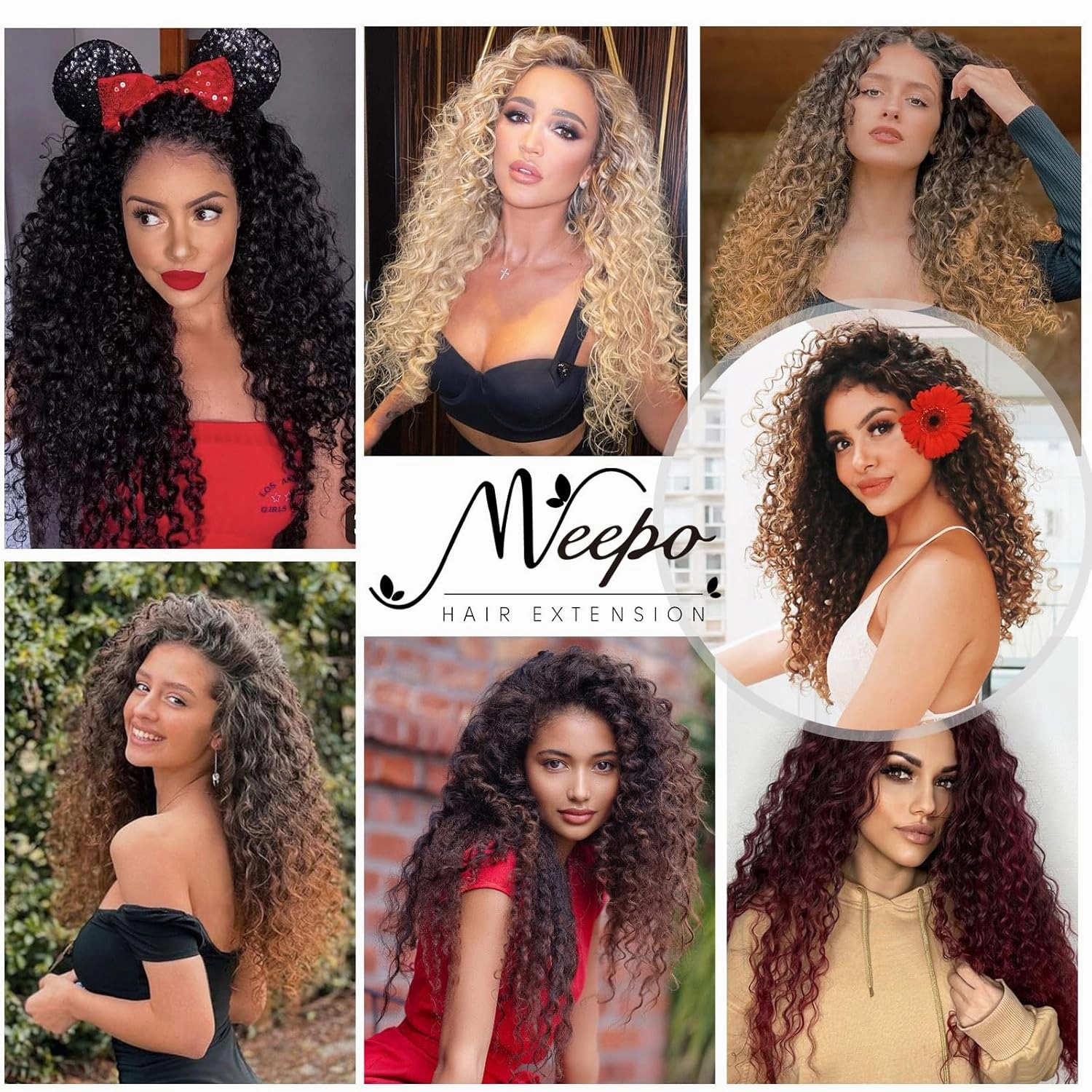 MEEPO Wine red Curly Clip In Hair Extension For Black Women Natural Thick Deep Wave Hair Extension Clips Synthetic Long 24 inch hair extensions clip in Hairpiece(Deep Wave,T1B/33(Pack of 7)