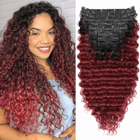 MEEPO Wine red Curly Clip In Hair Extension For Black Women Natural Thick Deep Wave Hair Extension Clips Synthetic Long 24 inch hair extensions clip in Hairpiece(Deep Wave,T1B/33(Pack of 7)