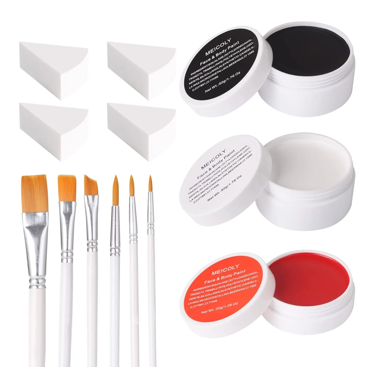 MEICOLY Clown Makeup Kit,White Black Red Face Body Paint for Halloween Devil Joker Zombie Vampire Skeleton SFX Makeup,Pro Oil Based Body Paint with 6 Painting Brushes,4 Sponges,130g/4.59 oz