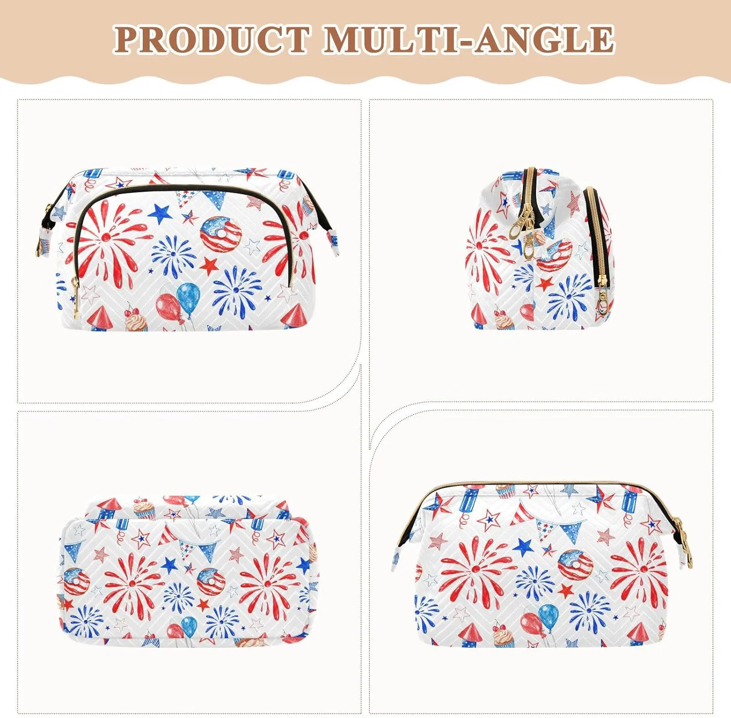 Memorial Day July 4th Red White Blue Fireworks Stars Balloons Women Cosmetic Bag Makeup Bag Stylish Trip Beauty Bag Travel Toiletry Bag with Bottle Organizer 10.2 x 5.9 x 6.7 inch