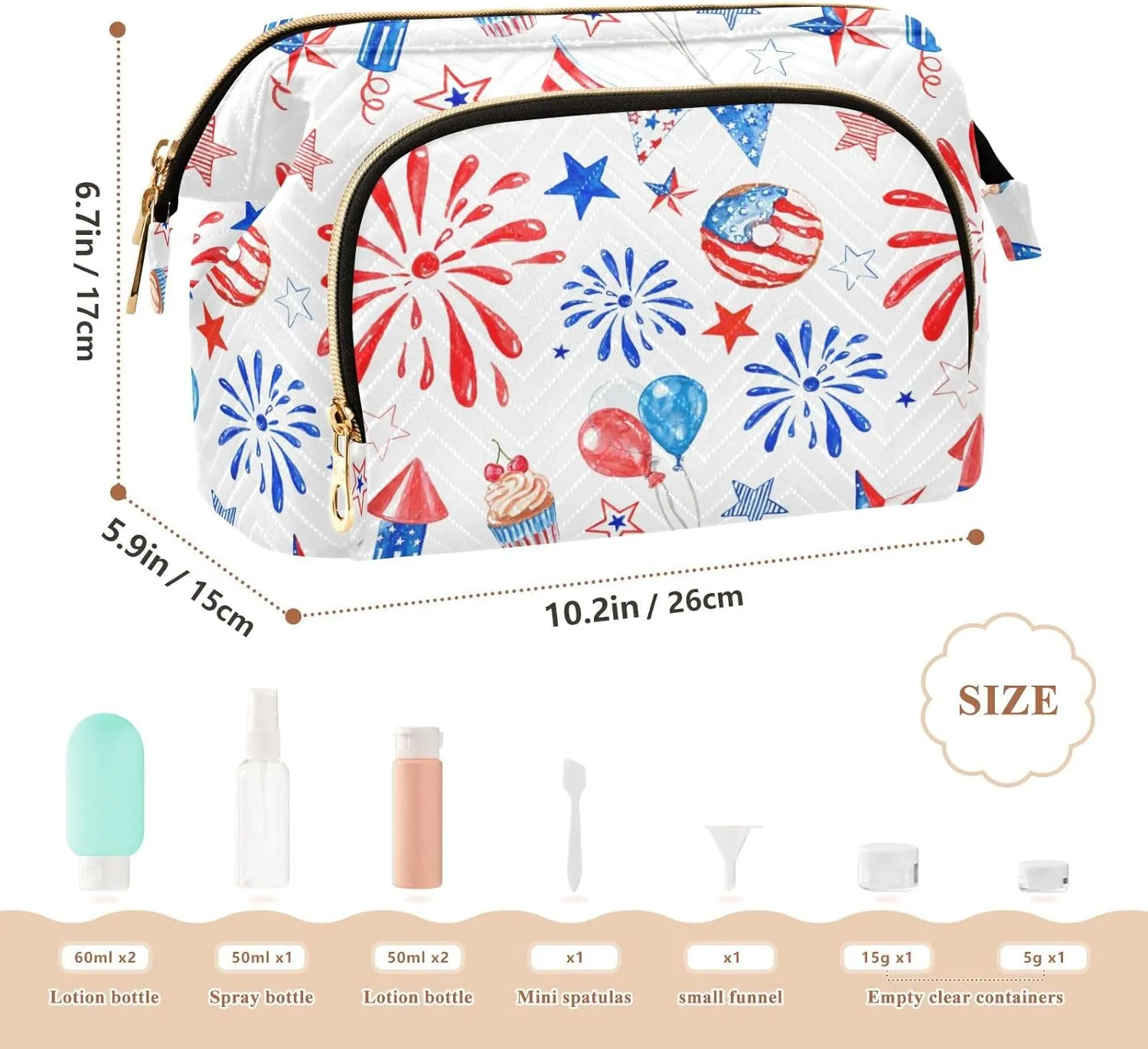 Memorial Day July 4th Red White Blue Fireworks Stars Balloons Women Cosmetic Bag Makeup Bag Stylish Trip Beauty Bag Travel Toiletry Bag with Bottle Organizer 10.2 x 5.9 x 6.7 inch