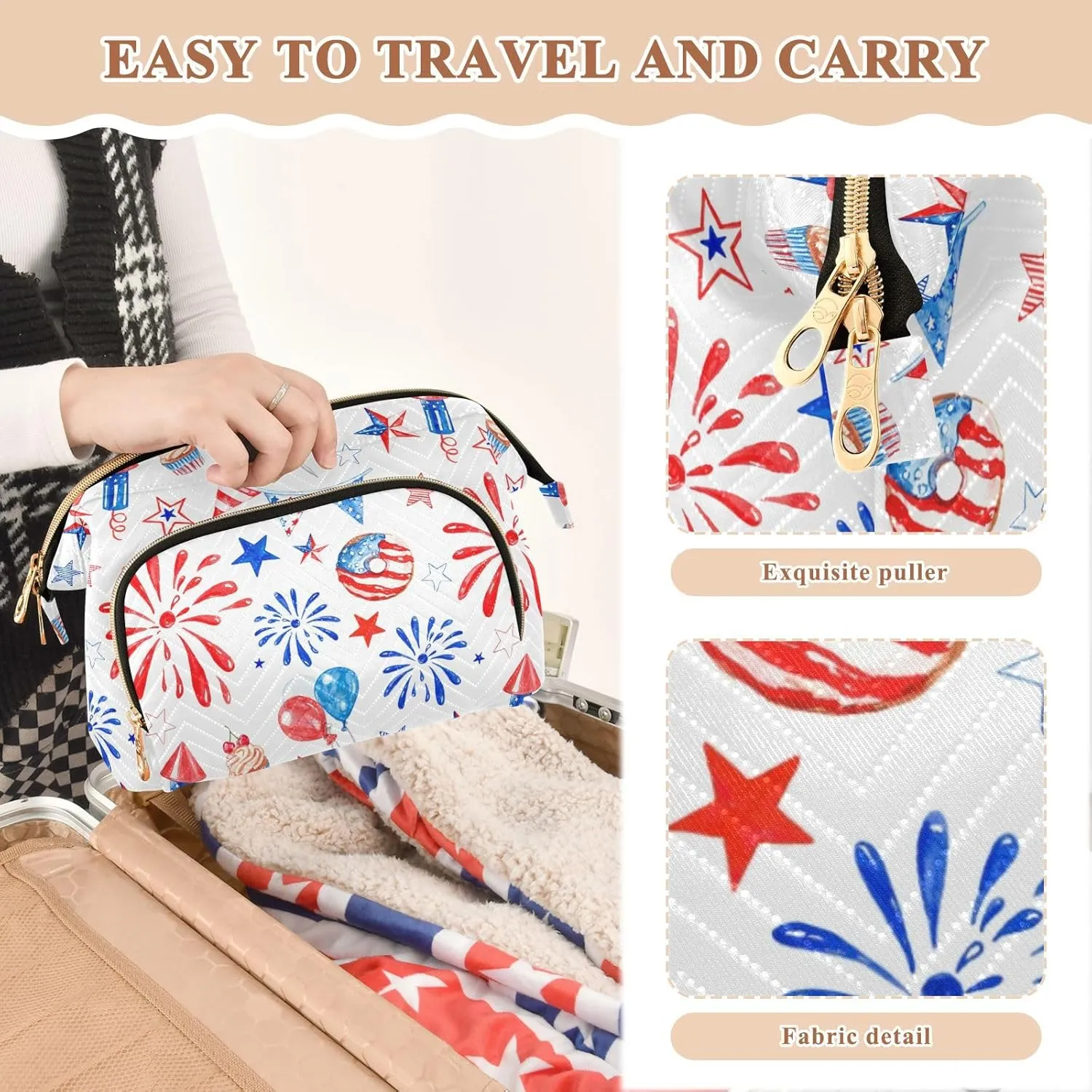 Memorial Day July 4th Red White Blue Fireworks Stars Balloons Women Cosmetic Bag Makeup Bag Stylish Trip Beauty Bag Travel Toiletry Bag with Bottle Organizer 10.2 x 5.9 x 6.7 inch