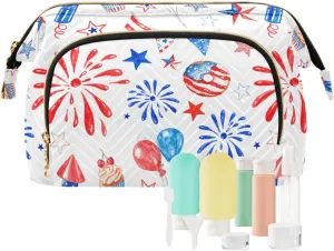 Memorial Day July 4th Red White Blue Fireworks Stars Balloons Women Cosmetic Bag Makeup Bag Stylish Trip Beauty Bag Travel Toiletry Bag with Bottle Organizer 10.2 x 5.9 x 6.7 inch