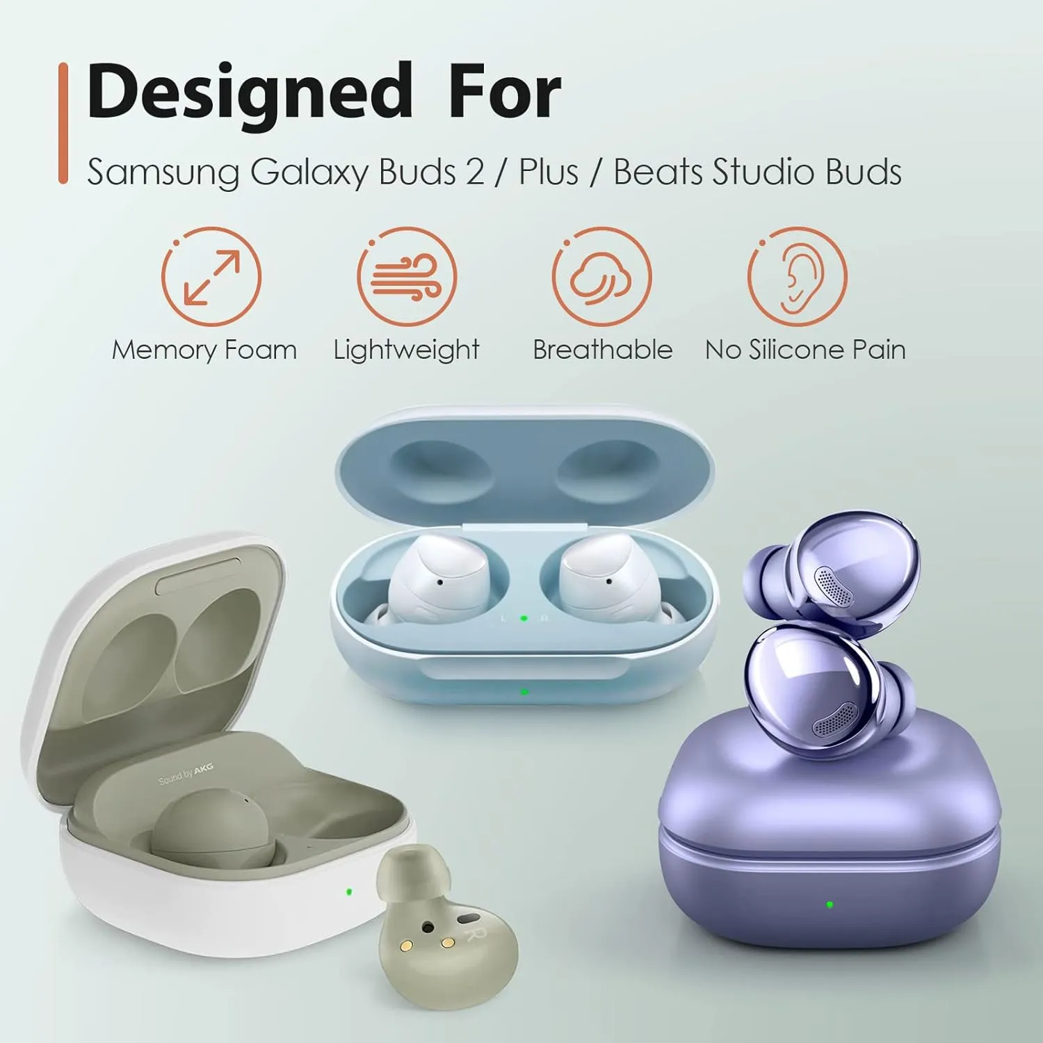 Memory Foam Tips for Samsung Galaxy Buds 2 / Plus/Beats Studio Buds, No Silicone Eartips Pain, Anti-Slip Replacement Ear Tips, Fit in The Charging Case, 3 Pairs (Assorted Sizes S/M/L, Black)