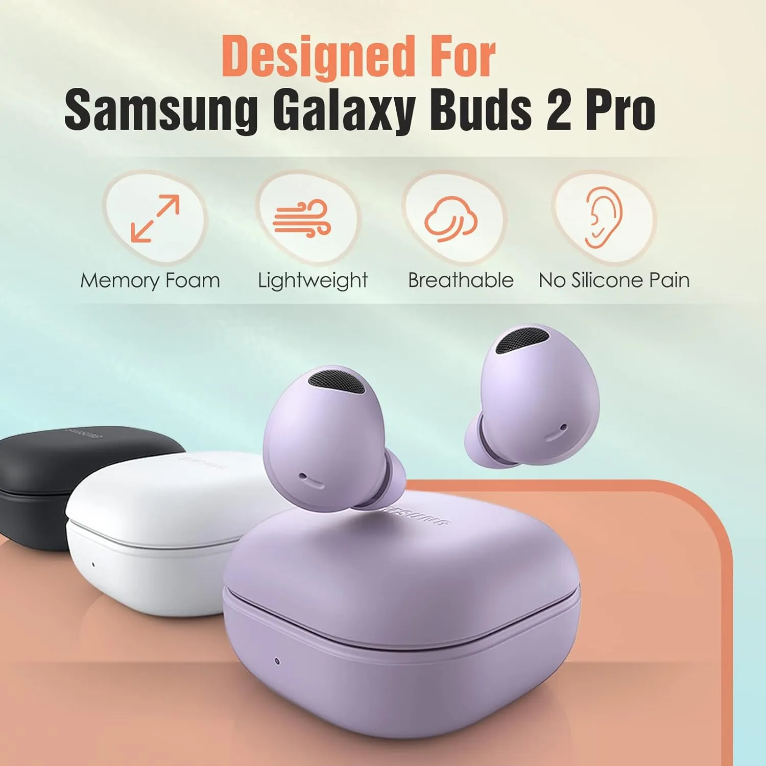 Memory Foam Tips for Samsung Galaxy Buds 2 Pro, No Silicone Eartips Pain, Anti-Slip Replacement Ear Tips, Fit in The Charging Case, Reducing Noise Earbuds, 3 Pairs (Small, Violet)