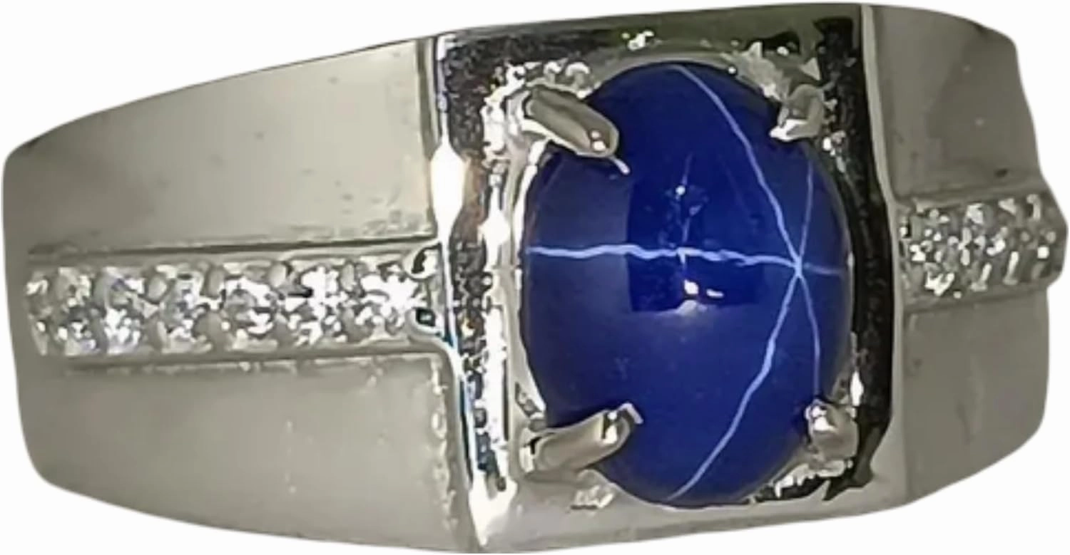 Men's Star Sapphire Silver Ring Men's Signet Blue Gemstone Ring 925 Sterling Silver Wedding Jewelry Prong Setting Rings Handmade Designer Jewelry For Him