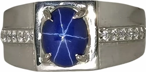 Men's Star Sapphire Silver Ring Men's Signet Blue Gemstone Ring 925 Sterling Silver Wedding Jewelry Prong Setting Rings Handmade Designer Jewelry For Him