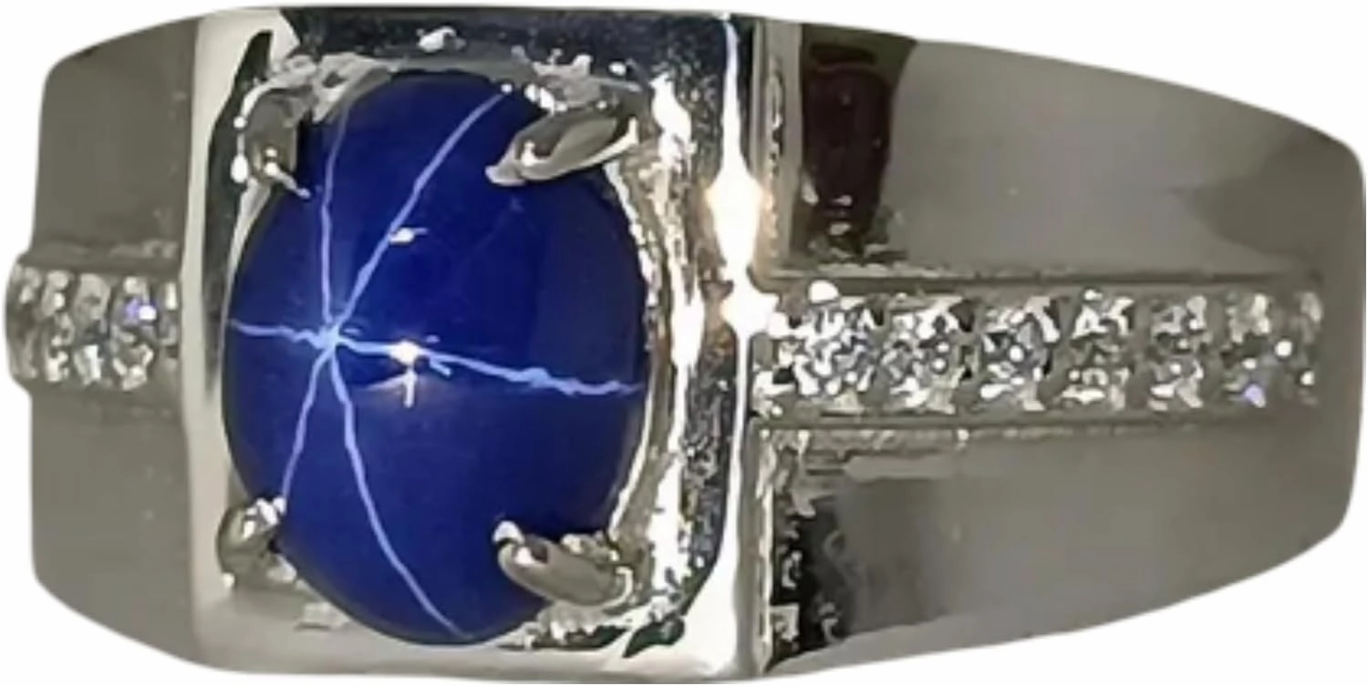 Men's Star Sapphire Silver Ring Men's Signet Blue Gemstone Ring 925 Sterling Silver Wedding Jewelry Prong Setting Rings Handmade Designer Jewelry For Him