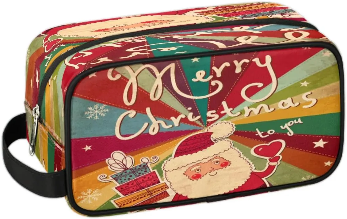 Merry Christmas Santa Claus Travel Toiletry Bag for Women Men Small Cosmetic Makeup Organizer Water Resistant Shaving Bag Portable Make Up Bag Storage Bags with Handle