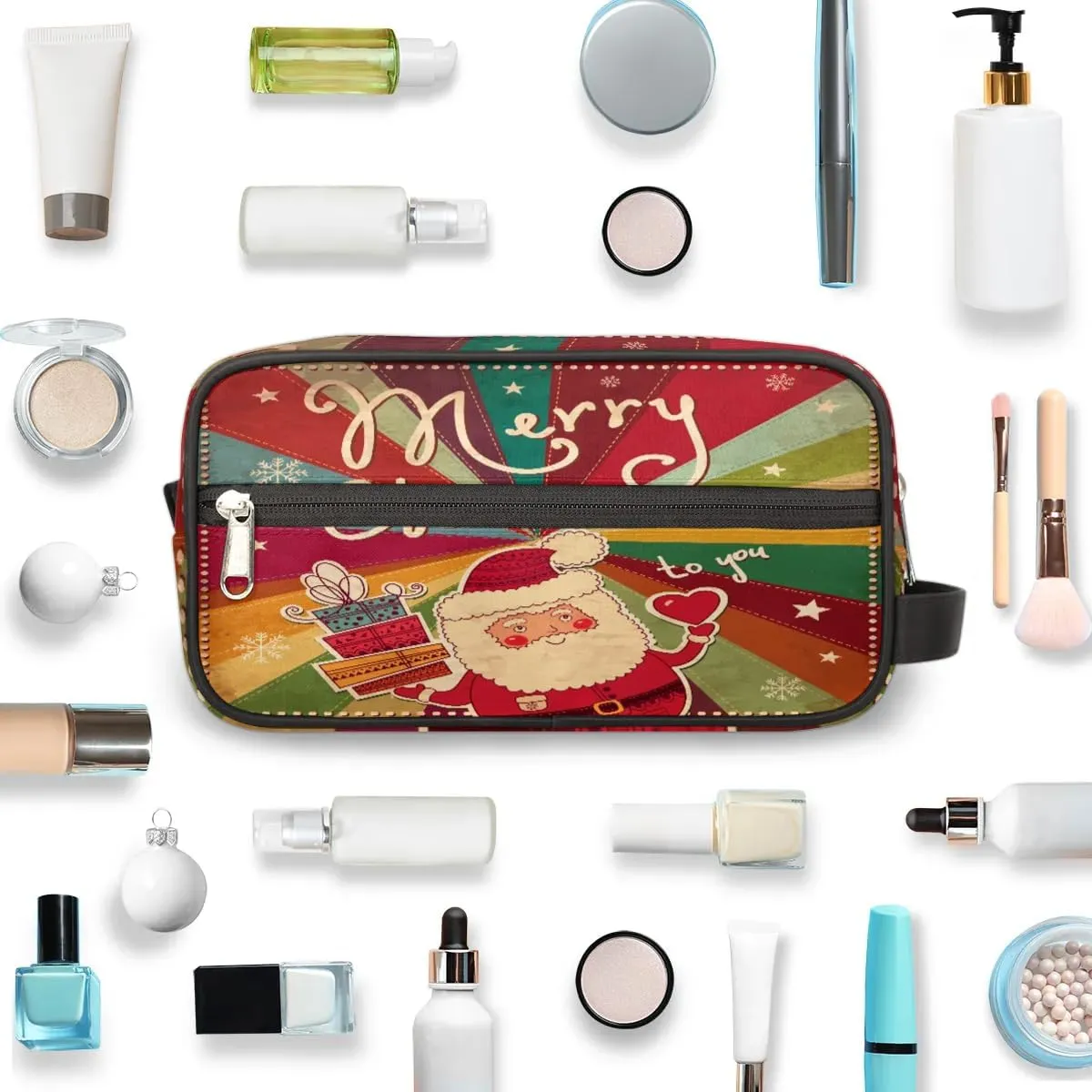 Merry Christmas Santa Claus Travel Toiletry Bag for Women Men Small Cosmetic Makeup Organizer Water Resistant Shaving Bag Portable Make Up Bag Storage Bags with Handle