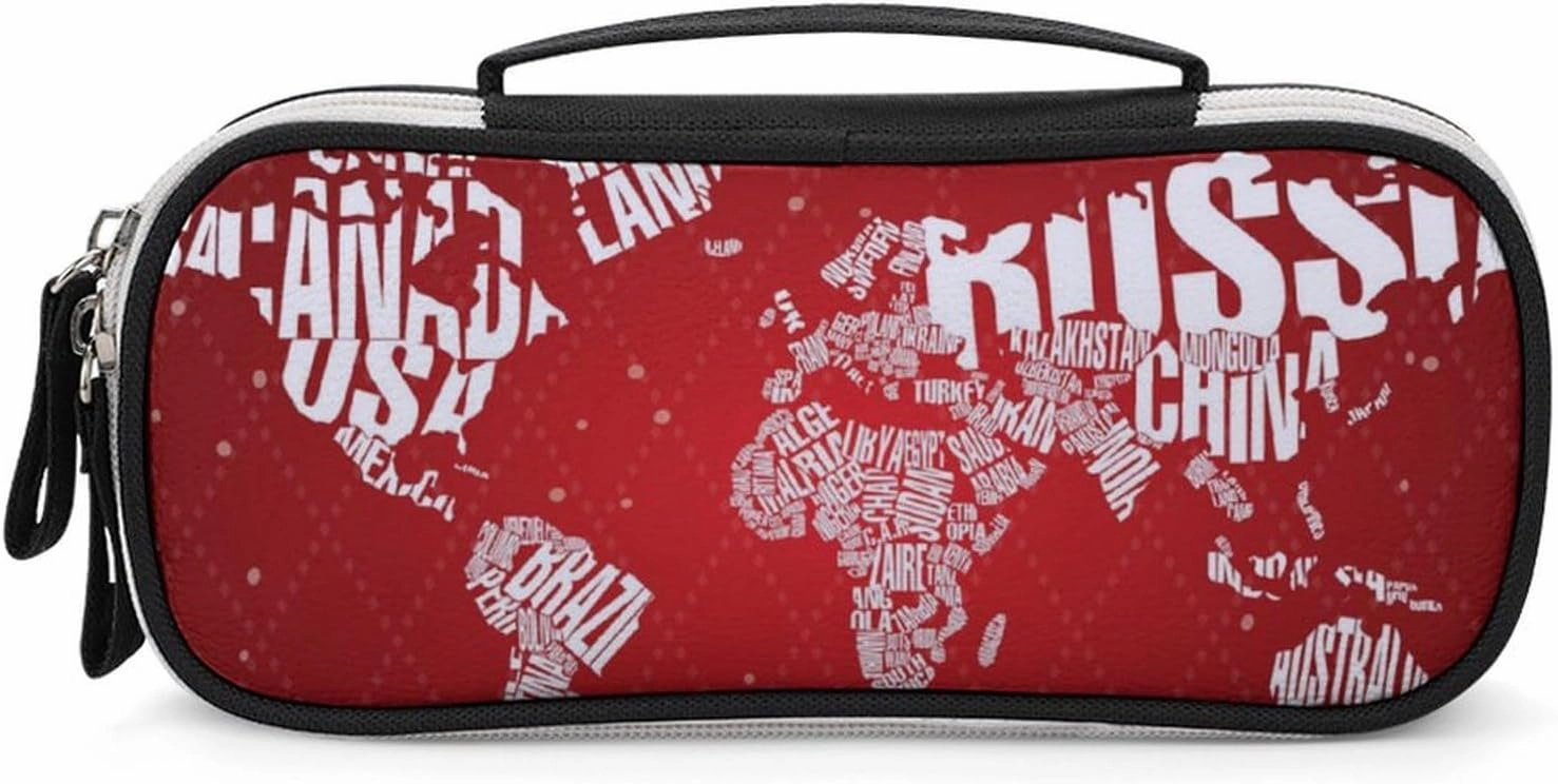 Merry Christmas World Map Pencil Case with Handle Portable Pencil Storage Pouch Bag Stationery Organizer