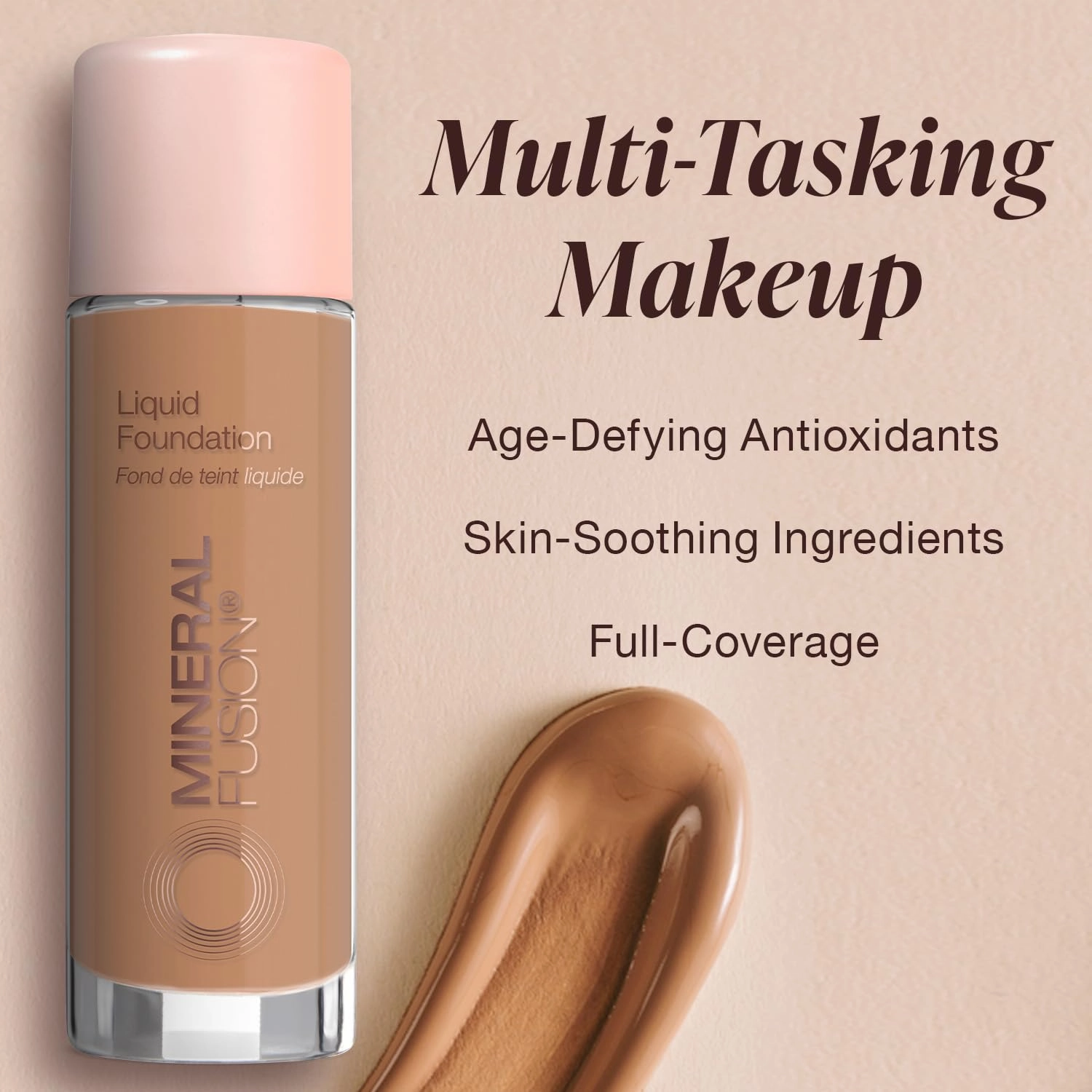 Mineral Fusion Full Coverage Foundation, Liquid Foundation - Warm 7- Dark to Tan Complexion w/Orange Undertones, Lightweight Matte Finish, Up to 12 Hr Hydration, Hypoallergenic & Vegan, 1 fl. oz