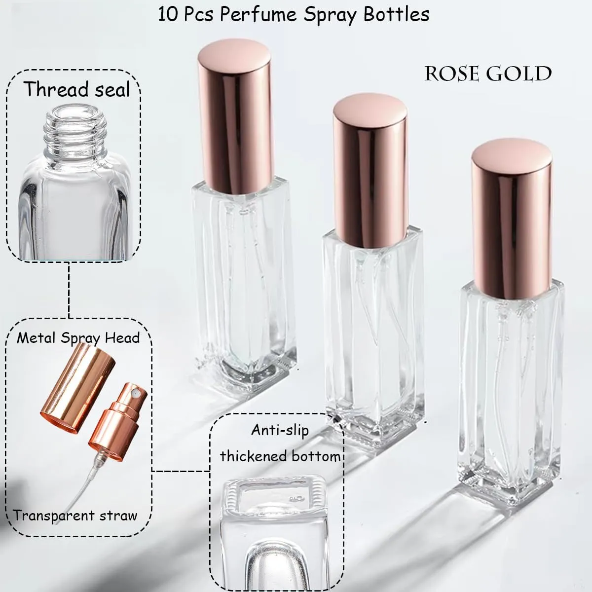Mini Perfume Atomizer 20ml Refillable Glass Perfume Bottles Empty Spray Bottles for Travel Fine Mist Sprayer for Toiletries Sample Dispenser -10 Pcs Rose Gold