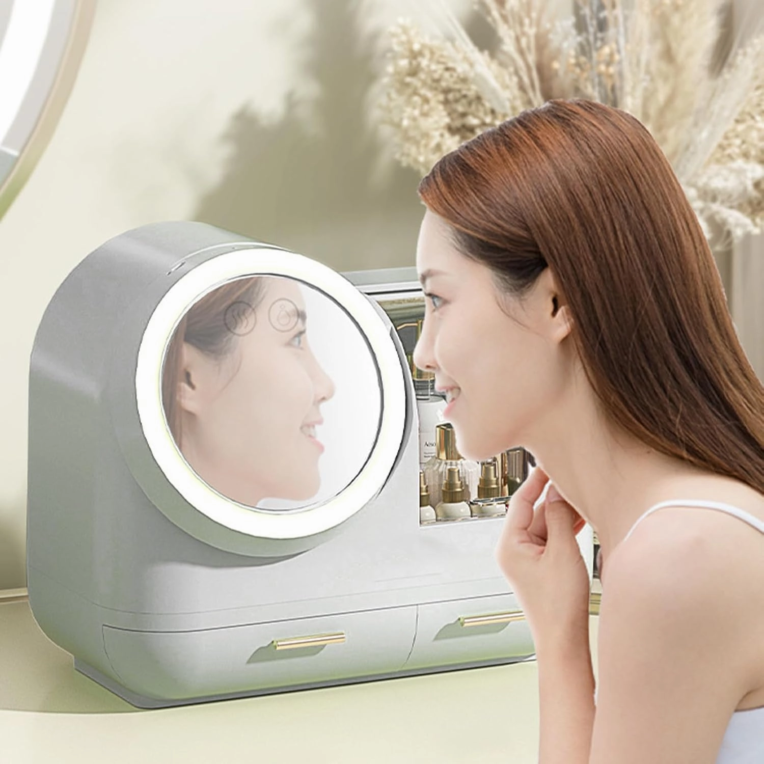Mirror Fan Makeup Case Large Capacity LED Light Mirror Makeup Storage Box for Women (White)
