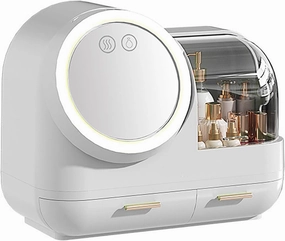 Mirror Fan Makeup Case Large Capacity LED Light Mirror Makeup Storage Box for Women (White)