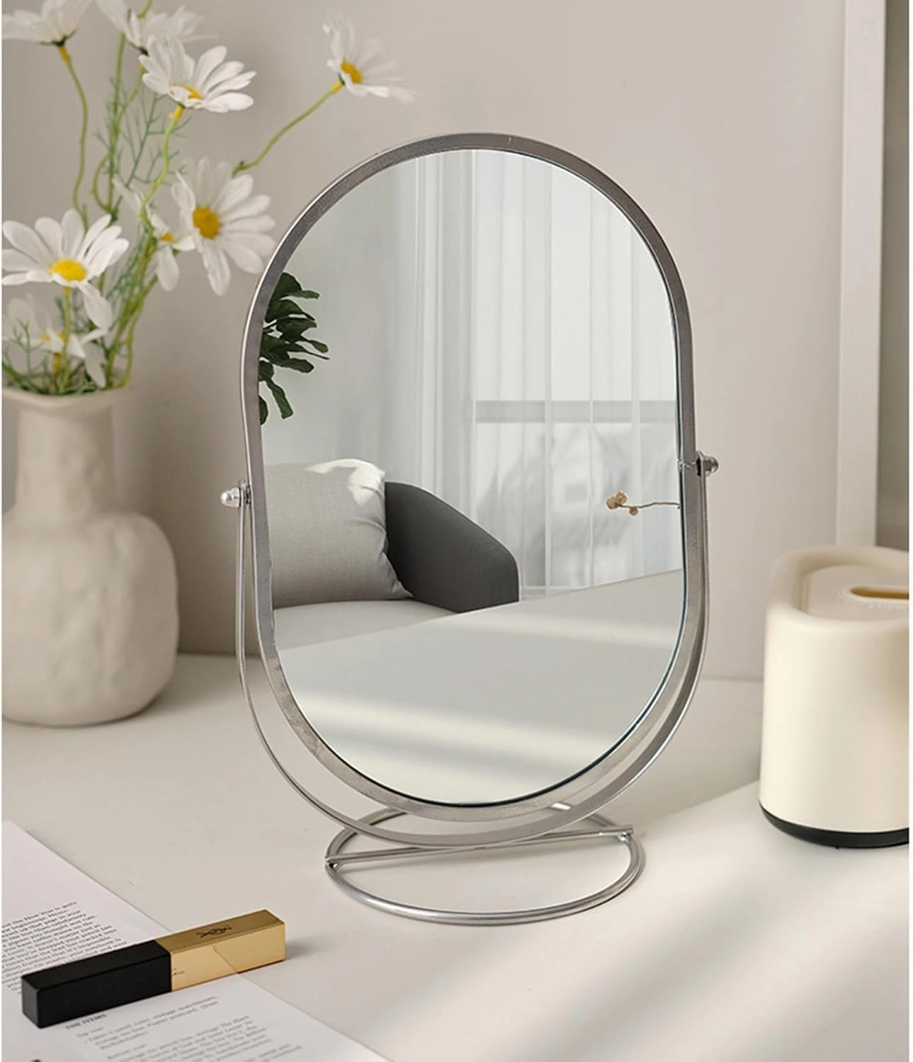 Mirror with Makeup Lights Large Makeup Mirror, Dressing Table Makeup Mirror, Internet Celebrity Beauty Mirror, Metal Oval Flip The Makeup Mirror/Gold