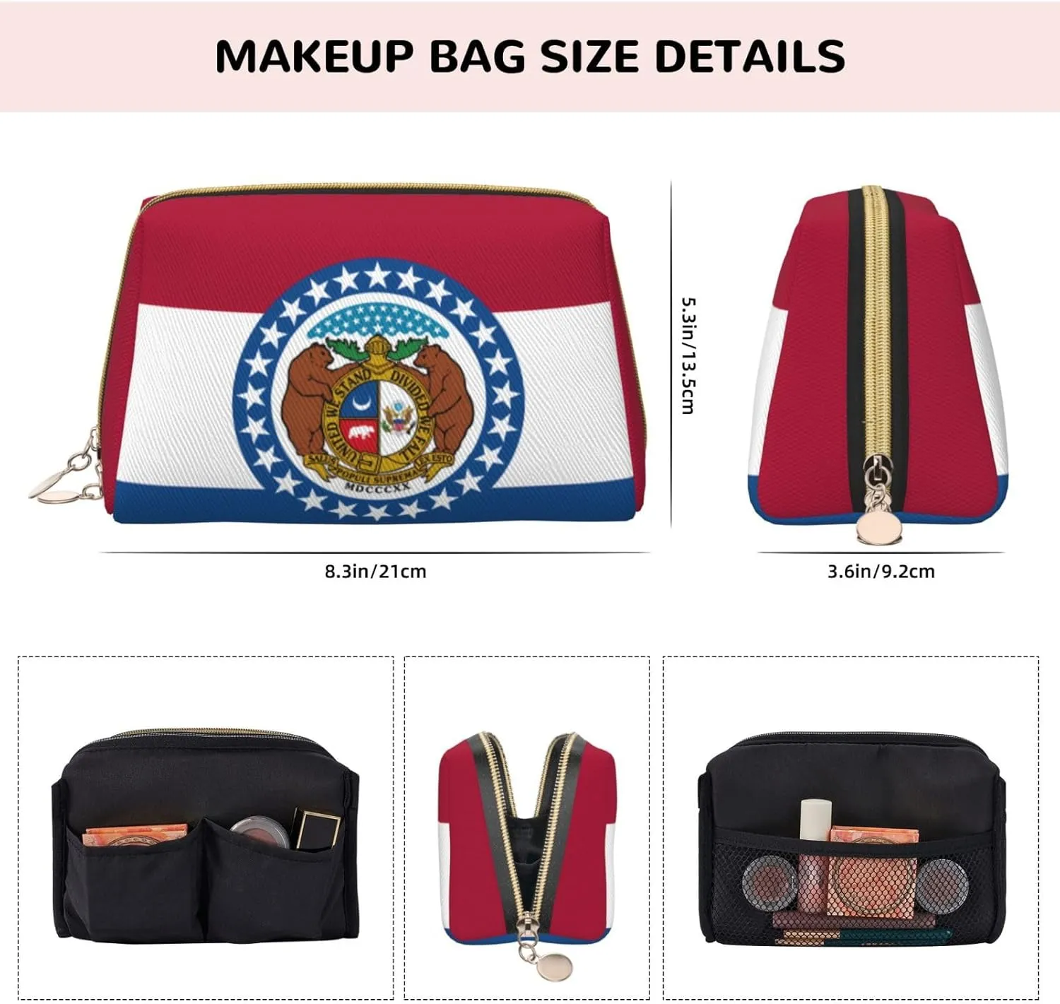 Missouri State Flagmakeup Bag Organizer,Toiletry Cosmetic Bag,Zipper Pouch Brushes Storage Case(Large)