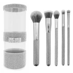MODA Metallics 6pc Full Face Set, with Glam Container, Includes - Multi-Purpose Powder, Stippler, Highlight and Glow, Super Crease and Small Shader Brushes, Silver